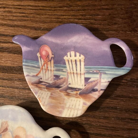 2 Beach Scene Tea Bag Holder Tidy Made in Italy Sand Surf Seashells - Picture 3 of 4